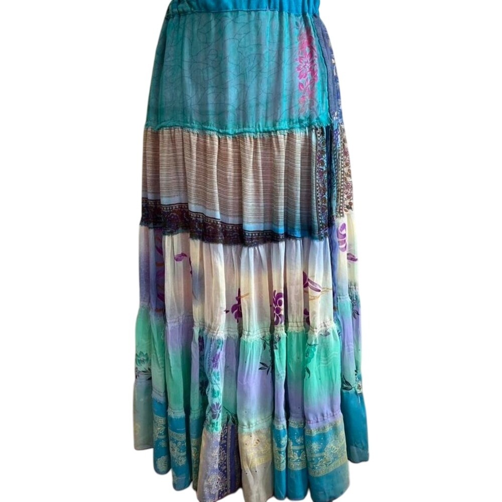 Bambu Womens Teal Purple Patchwork Tiered Boho Maxi Skirt Small